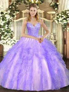 Lavender Tulle Lace Up V-neck Sleeveless Floor Length 15th Birthday Dress Beading and Ruffles