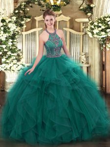 Floor Length Teal Quinceanera Dresses Tulle Sleeveless Beading and Ruffles
