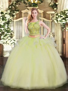 Floor Length Lace Up 15th Birthday Dress Yellow for Military Ball and Sweet 16 and Quinceanera with Beading