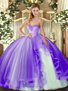 Fantastic Tulle Sweetheart Sleeveless Lace Up Beading and Ruffles Vestidos de Quinceanera in Lavender
