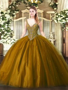 Flirting Brown Ball Gowns Tulle V-neck Sleeveless Beading Floor Length Lace Up Quinceanera Dresses