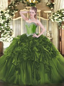 Olive Green Ball Gowns Sweetheart Sleeveless Organza Floor Length Lace Up Beading and Ruffles Quinceanera Gown