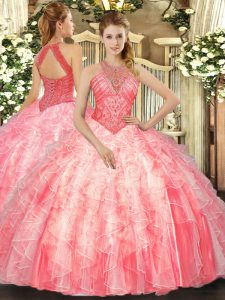 High-neck Sleeveless Lace Up Sweet 16 Dress Watermelon Red Organza