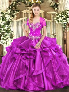 Perfect Ball Gowns Sweet 16 Quinceanera Dress Fuchsia Sweetheart Organza Sleeveless Floor Length Lace Up