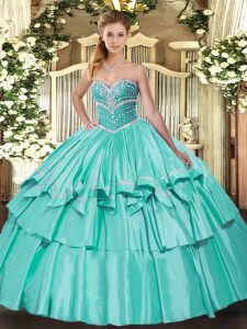 Floor Length Lace Up Sweet 16 Quinceanera Dress Apple Green for Military Ball and Sweet 16 and Quinceanera with Beading and Ruffled Layers