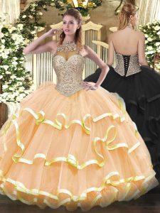Superior Peach Sleeveless Beading and Ruffled Layers Floor Length Ball Gown Prom Dress