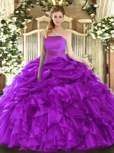 Top Selling Purple Ball Gowns Ruffles and Pick Ups Quinceanera Gowns Lace Up Organza Sleeveless Floor Length