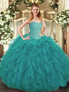 Excellent Turquoise Sweet 16 Dress Military Ball and Sweet 16 and Quinceanera with Beading and Ruffles Sweetheart Sleeveless Lace Up