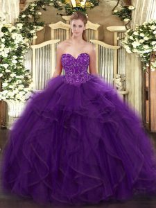 Unique Purple Ball Gowns Organza Sweetheart Sleeveless Ruffles Floor Length Lace Up Quinceanera Dress
