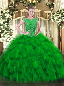 Green Organza Zipper Quinceanera Gown Sleeveless Floor Length Beading and Ruffles