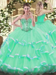 Trendy Apple Green Lace Up Quinceanera Gowns Beading and Ruffles Sleeveless Floor Length