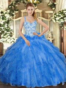 Blue Ball Gowns Straps Sleeveless Organza Floor Length Lace Up Beading and Ruffles 15 Quinceanera Dress