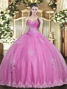Exquisite Floor Length Lace Up Vestidos de Quinceanera Rose Pink for Military Ball and Sweet 16 and Quinceanera with Beading and Appliques