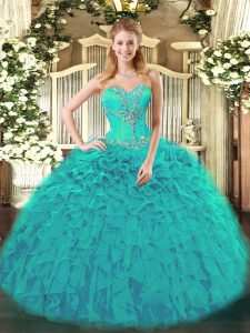 Modest Sweetheart Sleeveless Lace Up Quinceanera Gown Teal Organza