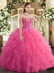 New Arrival Hot Pink Ball Gowns Sweetheart Sleeveless Tulle Lace Up Embroidery and Ruffles Ball Gown Prom Dress