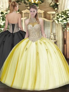 Yellow Ball Gowns Beading and Appliques Sweet 16 Dresses Lace Up Tulle Sleeveless Floor Length