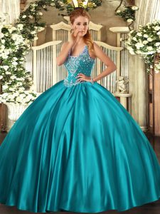 Modern Sleeveless Satin Floor Length Lace Up 15 Quinceanera Dress in Teal with Beading