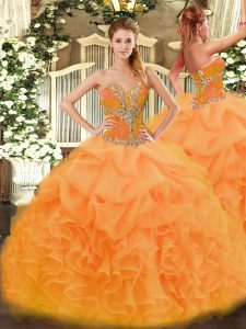 Sweetheart Sleeveless Ball Gown Prom Dress Floor Length Beading and Ruffles Orange Organza