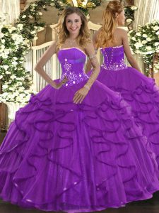 Stylish Floor Length Lace Up 15 Quinceanera Dress Purple for Military Ball and Sweet 16 and Quinceanera with Beading and Ruffles