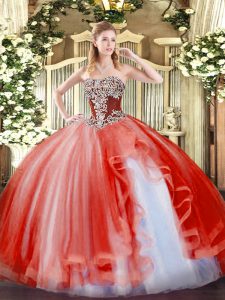Flirting Floor Length Lace Up Sweet 16 Dress Coral Red for Military Ball and Sweet 16 and Quinceanera with Beading and Ruffles
