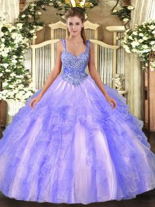 Lavender Ball Gowns Tulle Straps Sleeveless Beading and Ruffles Floor Length Lace Up Sweet 16 Dress