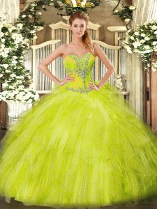 Best Yellow Green Ball Gowns Sweetheart Sleeveless Organza Floor Length Lace Up Beading and Ruffles Sweet 16 Dresses