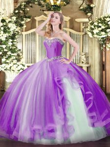 Graceful Lavender Tulle Lace Up Military Ball Dresses Sleeveless Floor Length Beading and Ruffles