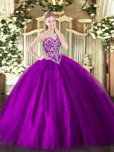 Glorious Eggplant Purple Ball Gowns Tulle Sweetheart Sleeveless Beading Floor Length Lace Up 15 Quinceanera Dress