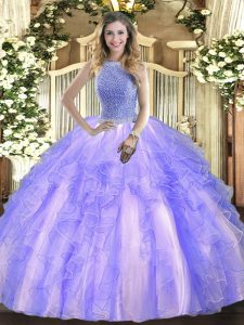 Elegant Lavender Lace Up Ball Gown Prom Dress Beading and Ruffles Sleeveless Floor Length