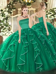 Custom Designed Sleeveless Tulle Floor Length Zipper Sweet 16 Dress in Dark Green with Ruffles