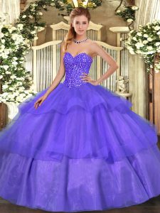 Modern Beading and Ruffled Layers 15th Birthday Dress Lavender Lace Up Sleeveless Floor Length