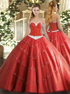 Inexpensive Coral Red Lace Up Sweetheart Appliques Vestidos de Quinceanera Tulle Sleeveless
