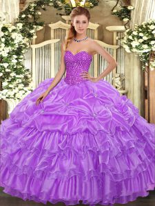 Fine Lavender Ball Gowns Beading and Ruffled Layers and Pick Ups 15th Birthday Dress Lace Up Organza Sleeveless Floor Length