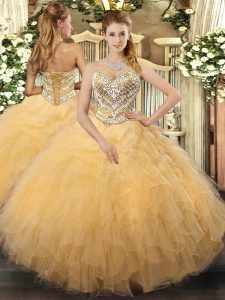 Gold Lace Up Vestidos de Quinceanera Beading and Ruffles Sleeveless Floor Length