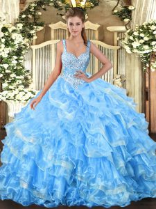Flirting Floor Length Ball Gowns Sleeveless Baby Blue 15th Birthday Dress Lace Up