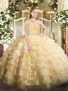 Captivating Gold Sleeveless Beading and Lace and Ruffled Layers Floor Length Sweet 16 Dresses