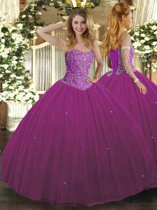Hot Selling Floor Length Lace Up Quinceanera Dress Fuchsia for Military Ball and Sweet 16 and Quinceanera with Beading