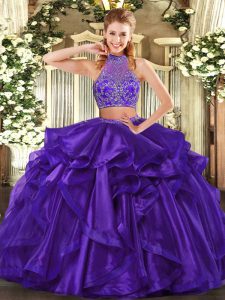 Clearance Purple Criss Cross Halter Top Beading and Ruffled Layers Ball Gown Prom Dress Organza Sleeveless