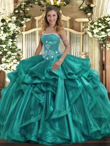 Turquoise Sleeveless Organza Lace Up Quinceanera Dresses for Military Ball and Sweet 16 and Quinceanera