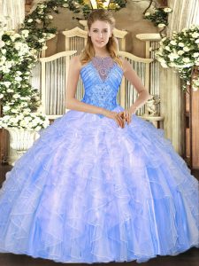 Customized Sleeveless Organza Floor Length Lace Up Military Ball Gown in Blue with Beading and Ruffles