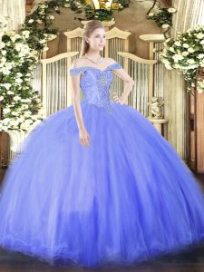 Free and Easy Blue Tulle Lace Up Off The Shoulder Sleeveless Floor Length Sweet 16 Quinceanera Dress Beading