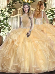 Organza High-neck Sleeveless Lace Up Beading and Ruffles Vestidos de Quinceanera in Champagne