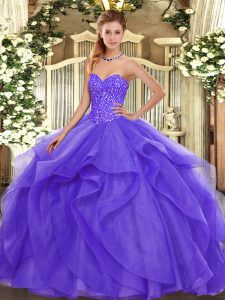 Flirting Tulle Sweetheart Sleeveless Lace Up Beading and Ruffles 15 Quinceanera Dress in Lavender