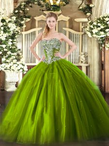 Strapless Sleeveless Lace Up Quinceanera Dress Olive Green Tulle