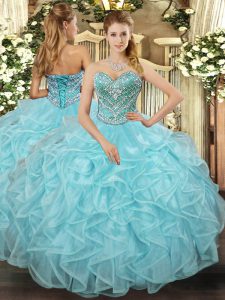 Custom Designed Aqua Blue Sleeveless Tulle Lace Up 15 Quinceanera Dress for Prom and Military Ball and Sweet 16 and Quinceanera