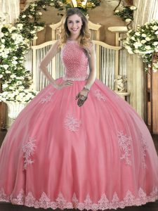 Ideal Sleeveless Floor Length Beading and Appliques Lace Up Sweet 16 Dresses with Baby Pink
