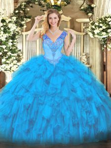 Enchanting V-neck Sleeveless Quince Ball Gowns Floor Length Beading and Ruffles Baby Blue Organza