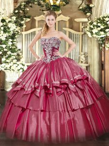 Hot Pink Quinceanera Gown Military Ball and Sweet 16 and Quinceanera with Beading and Ruffled Layers Strapless Sleeveless Lace Up