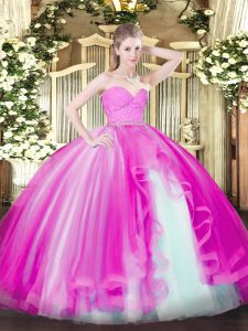 Fuchsia Ball Gowns Tulle Sweetheart Sleeveless Beading and Lace and Ruffles Floor Length Zipper Sweet 16 Dress