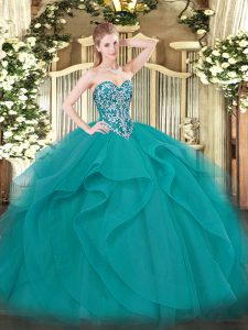 Unique Teal Sweetheart Neckline Beading and Ruffles Sweet 16 Quinceanera Dress Sleeveless Lace Up